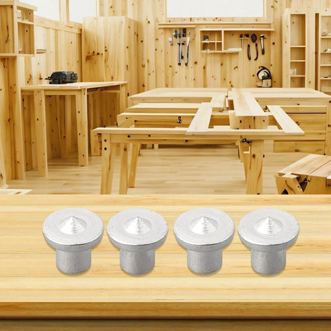 Pro Grade 4 Piece Dowel Center Point Set For Woodworking With 6mm 8mm 10mm 12mm Steel Tenon Marker Pins visible on workbench