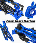 OneTenth Big Rock 3S 4x4 Upgrade Kit Pro Grade Aluminum Shocks Suspension Arms in Navy Blue, easy installation details.