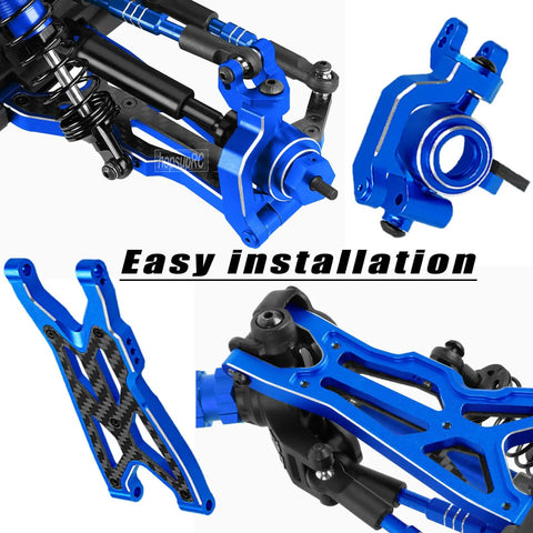 OneTenth Big Rock 3S 4x4 Upgrade Kit Pro Grade Aluminum Shocks Suspension Arms in Navy Blue, easy installation details.