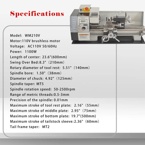 Specifications of Jaryannix 8x24 Metal Bench Lathe With Brushless Motor And Digital Display, includes dimensions and features.