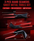 Hand Seamers Sheet Metal Tools Set with 3 Pliers for Bending Metal, Showing Straight, 45 Degree, 90 Degree Angles and Dimensions