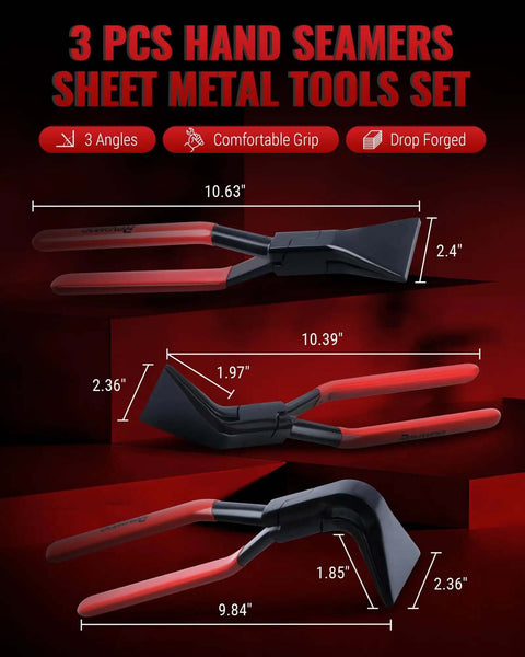 Hand Seamers Sheet Metal Tools Set with 3 Pliers for Bending Metal, Showing Straight, 45 Degree, 90 Degree Angles and Dimensions
