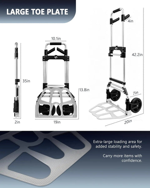 Heavy Duty Folding Hand Truck With Slick Telescoping Handle And Smooth Rolling Wheels Zero Fuss Portable Dolly Cart dimensions and large toe plate.