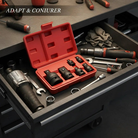 Premium Alloy Steel Socket Adapter Set For Impact Wrench And Ratchet Black Drive Converter Kit That Lets You Match Any Drive Size To Your Existing Sockets So You Can Crush It On Auto Repairs Without Buying Duplicates Ever Again While Getting That Sick. red case with alloy steel adapters in tool drawer