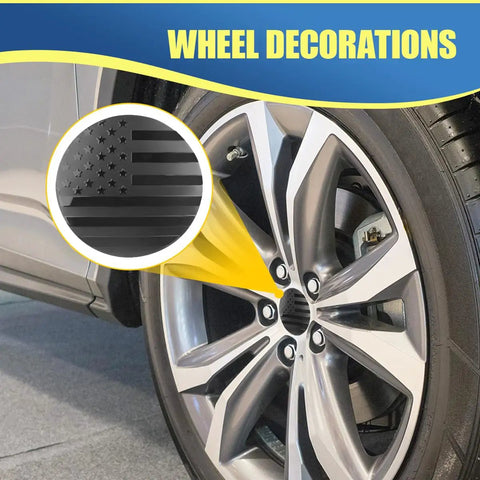 American Flag Wheel Hub Center Caps 56mm Universal for Cars Trucks SUVs, showing rim decoration with black flag design.
