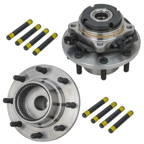Front Suspension And Wheel Bearing Hub Kit For 2000 Through 2004 Ford F250 F350 Super Duty 4X4 Dually showing hub and bolts.