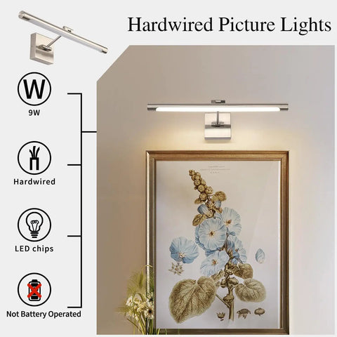 LED Picture Light With 24.4 Inch Swing Arm For Artwork Adjustable Up Down 180 Degrees Brushed Nickel Finish 14W 80W Equivalent Warm White 3000K Hardwire Connection Full Metal Construction Perfect Accent Lighting For Paintings mounted above floral artwork