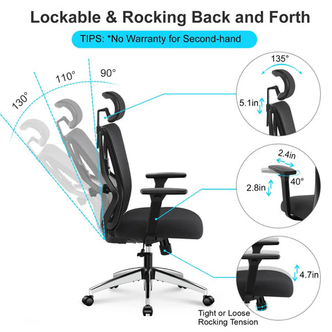 Ergonomic Office Chair With High Back Mesh Design, Adjustable Lumbar Support And 3D Armrests, 130 Degree Recline And Rock