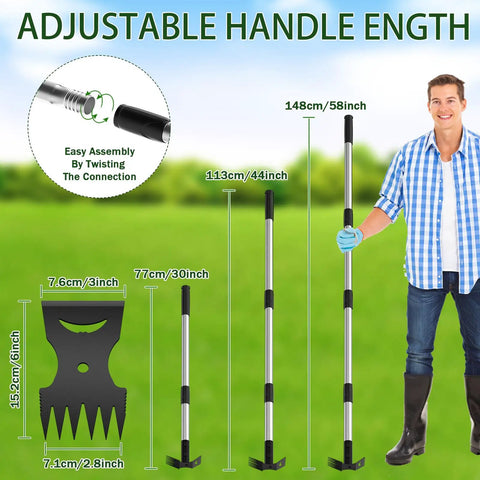 Diagram of Long Handle 2 In 1 Weed Puller Tool with adjustable 30-58in handle, shown with user for scale.