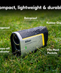 CoolShot 50i GII Golf Laser Rangefinder With Rainproof 6X Monocular Optics, Dual Locked On Quake Flagstick Detection, Continuous Scan, Magnetic Mount, Slope Adjusted Distances And Actual Distance Modes., rainproof compact rangefinder on grass with rubber grip