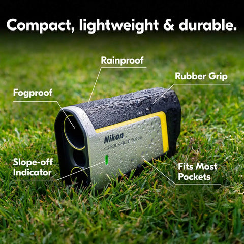 CoolShot 50i GII Golf Laser Rangefinder With Rainproof 6X Monocular Optics, Dual Locked On Quake Flagstick Detection, Continuous Scan, Magnetic Mount, Slope Adjusted Distances And Actual Distance Modes., rainproof compact rangefinder on grass with rubber grip