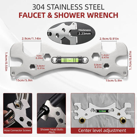 304 stainless steel faucet and shower wrench with dimensions and usage examples for Tight Space Plumbing Tool Set With Basin Wrench And 8 In 1 Faucet Wrench Four Jaw Hex Wrenches 6 To 75mm Universal Plumber Wrench For Toilet Bathroom And Kitchen Pipe Removal And Installation.