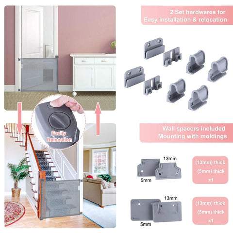 Retractable Safety Barrier Gate for Stairs and Doors Extra Wide 54 Inch Mesh Baby and Pet Gate installation options and wall spacers