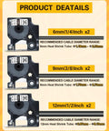Killer Heat Shrink Labels Compatible With Dymo 18051 18053 18055 showing 6mm, 9mm, 12mm tubing sizes and cable diameter recommendations.