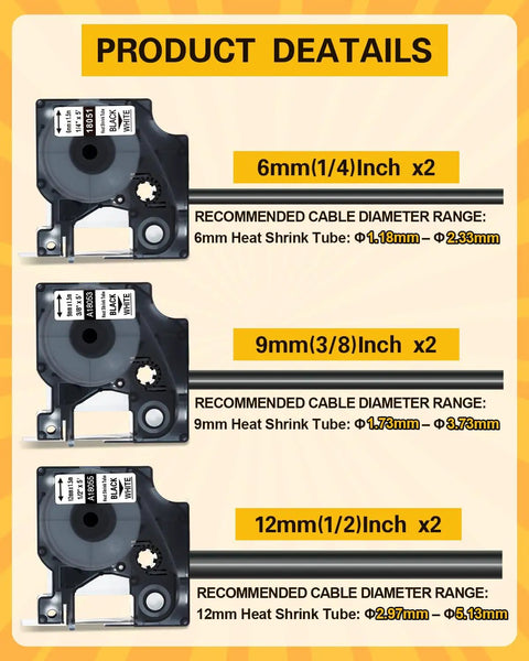Killer Heat Shrink Labels Compatible With Dymo 18051 18053 18055 showing 6mm, 9mm, 12mm tubing sizes and cable diameter recommendations.