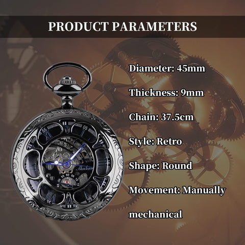 Mechanical Skeleton Pocket Watch For Men, Black Roman Numerals, Old School Antique Look, Chain Included, Easy Read Time Without Opening Lid, Durable Mens Pocket Watch