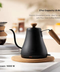 27oz Gooseneck Electric Water Kettle For Pour Over Coffee And Tea, Stainless Steel Matte Black on cork tray, easy pour spout
