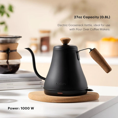 27oz Gooseneck Electric Water Kettle For Pour Over Coffee And Tea, Stainless Steel Matte Black on cork tray, easy pour spout