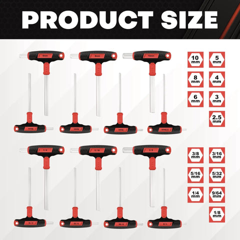 Image showing the Long Arm T Handle Allen Wrench Set 14 Piece Metric And SAE Hex Keys With Storage Box Pro Grade DIY Auto Bike Tools.