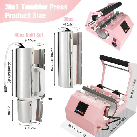3-In-1 Tumbler Heat Press Machine For 16 Oz To 40 Oz Tumblers And 11 Oz To 15 Oz Mugs Pink DIY Cup Press with attachments
