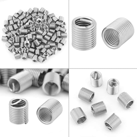 Stainless Steel M8 Helicoil Threaded Inserts Kit, 1.25 Pitch, 2D Length, 100 Pieces shown from different angles.