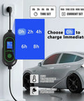 Level 2 Fast EV Charger For Home Use 240V 50A 12kW With Adjustable Current And Schedule Charging Wall Mount SAE J1772 NEMA 14 50P 25 Ft Premium Cable connected to car