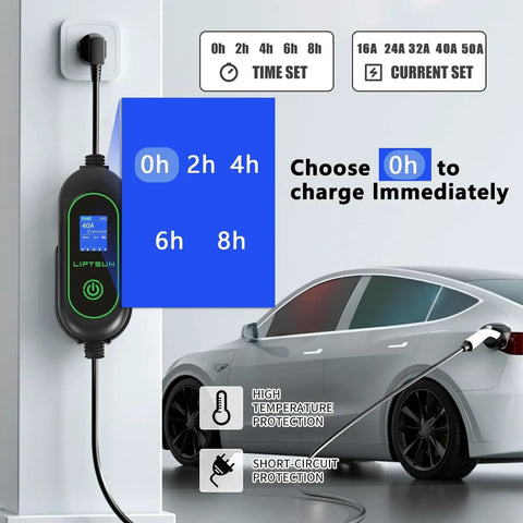 Level 2 Fast EV Charger For Home Use 240V 50A 12kW With Adjustable Current And Schedule Charging Wall Mount SAE J1772 NEMA 14 50P 25 Ft Premium Cable connected to car