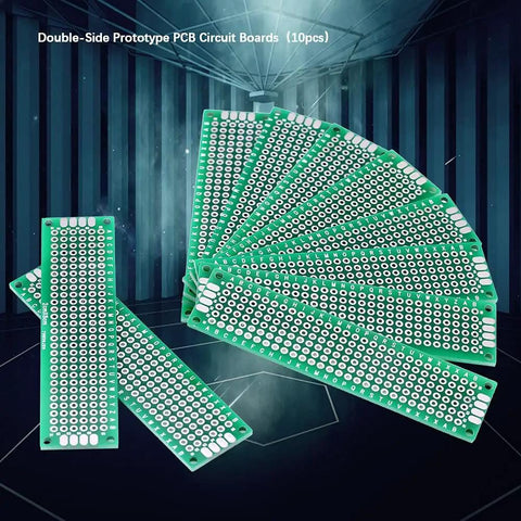 Double Sided PCB Prototype Boards Set Of Ten For DIY Soldering Two By Eight Centimeter FR4 Tin Plated Printed Circuit Boards With 2.54 Millimeter Hole Pitch And 1 Millimeter Holes Great For Microcontroller Makers Amplifiers And Sensor Builds displayed in a fan arrangement