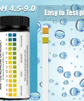 Bottle of Easy At Home PH Test Strips for Urine and Saliva with color chart and water droplets in background