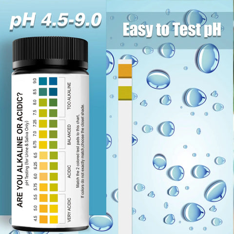 Bottle of Easy At Home PH Test Strips for Urine and Saliva with color chart and water droplets in background