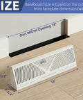 18 Inch Baseboard Vent Cover 4 Pack With Adjustable Airflow for Floor or Wall Install, showing size and fit dimensions.