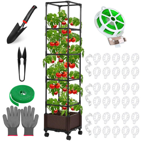 Self Watering Tomato Planter With Trellis For Patio, 55.9 Inch Raised Garden Bed Pot With Trellis, garden tools and accessories displayed