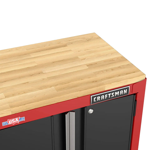 Top view of Heavy Duty Metal Garage Storage Cabinet With Two Doors Base Unit, Built To Last Welded Steel Frame, 1 Inch Butcher Block Work Surface
