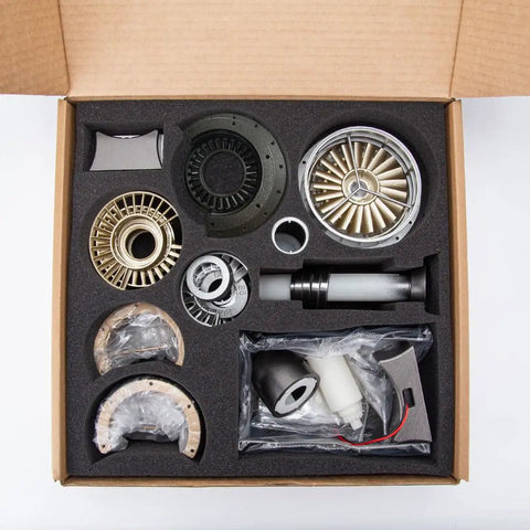 Open box showing 150+ pieces of One To Twenty Scale Turbofan Fighter Engine Model Kit That Actually Runs With 150 Pieces DIY Assembly