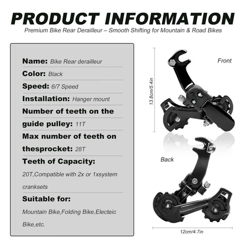 Product information sheet for Rear Derailleur RD-TZ31A Six To Seven Speed Hanger Mount with front and back view.