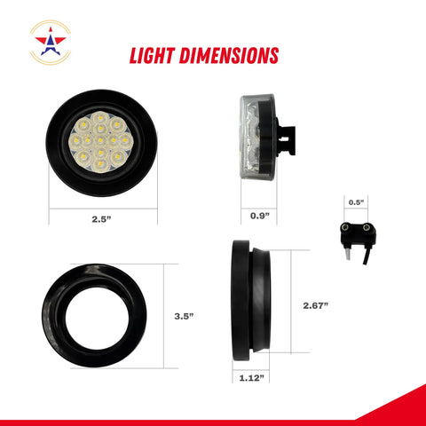 Dimensions of Two Pack 2.5 Inch Round White LED Marker Lights Kit 13 Diodes Waterproof Flush Mount with grommet and wire pigtail