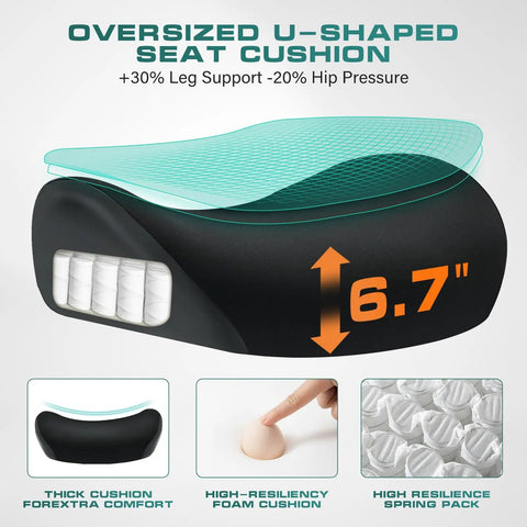 Diagram of oversized U-shaped seat cushion with measurements for Heavy Duty 750Lb Big And Tall Office Chair, showing foam layers.
