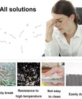 A person appearing stressed with broken glass, high temperature, cleaning, and stability issues illustrations labeled as solutions.