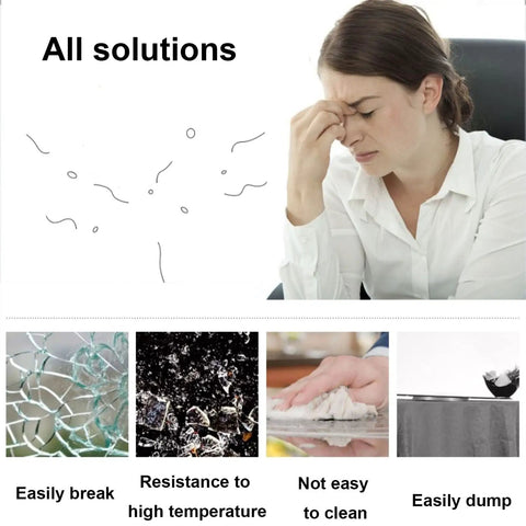 Woman expressing frustration about cleaning with images of broken glass, dirt, and a messy surface for Badass Tempered Glass Lazy Susan Turntable.