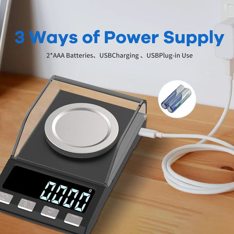 Rechargeable Precision Milligram Scale 0.001g Accuracy, 100g Capacity with USB charging cable and battery options