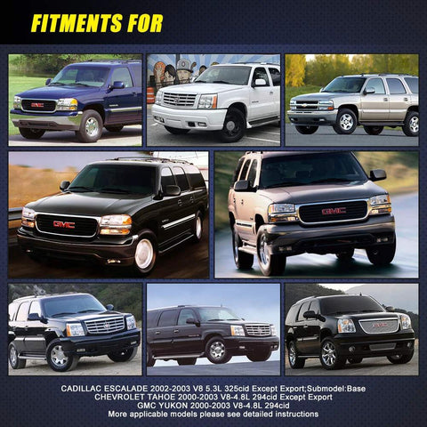 Collage of SUV models including Cadillac Escalade, Chevrolet Tahoe, GMC Yukon showcasing compatible vehicles for E3508M Fuel Pump And Sending Unit Replacement.