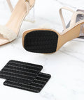 Shoe Heel Pads Repair Kit With Adhesive Stickers installed on a heel, showing anti-slip cushion soles, 4 pack for leather shoes.