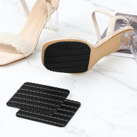 Shoe Heel Pads Repair Kit With Adhesive Stickers installed on a heel, showing anti-slip cushion soles, 4 pack for leather shoes.