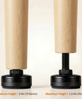 Close-up of 4 Pack Adjustable Furniture Feet Built Tough Solid Steel Table Levelers showing height adjustments and protective pads.