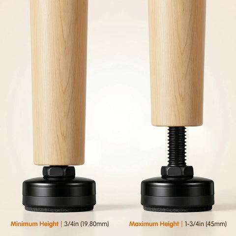 Close-up of 4 Pack Adjustable Furniture Feet Built Tough Solid Steel Table Levelers showing height adjustments and protective pads.