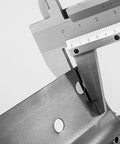 Close-up measuring Commercial Grade Double Action Swing Door Hinges with Auto Close in stainless steel, brushed finish.