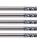 Pro Grade Solid Carbide Ball Nose End Mills Set, Five Pieces, AlTiN Coated, Four Flute, 30 Degree Helix, shown in a row