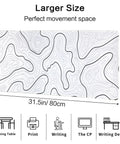 White Topographic Gaming Mouse Pad Desk Mat Extra Long 31.5 By 11.8 Inches with contour lines design, illustrating dimensions and usage.