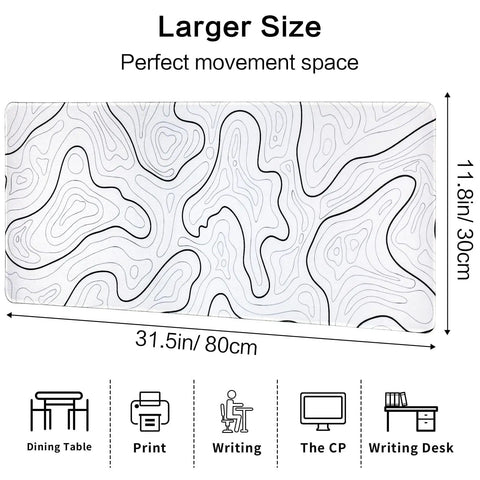 White Topographic Gaming Mouse Pad Desk Mat Extra Long 31.5 By 11.8 Inches with contour lines design, illustrating dimensions and usage.