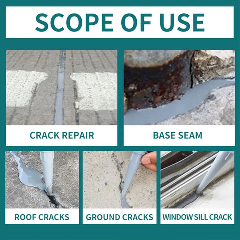 Application examples of DIY Concrete Crack Filler Sealant That Dries Fast And Bonds Strong For Quick Waterproof Leaks Fix Self Leveling Cement Grout Reusable Repair Adhesive For Roofs Walls And Bathrooms including crack repair, base seam, roof cracks, ground cracks, and window sill crack sealing.